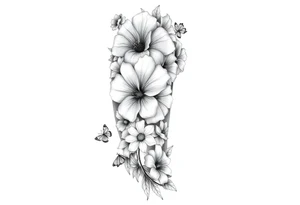 Calia Lily, rose, gadiolus, carnation,Narcissus,poppy, aster, violet ,chrysanthemum, lily of the valley and water lily sleeve on upper arm and shoulder  with  and dragonflies on skin tattoo idea