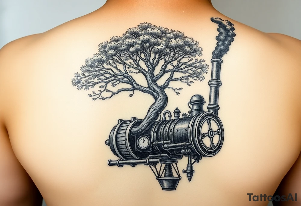 tree growing out of a v shaped engine with lots of pipes, guages and steam around the engine 
 with a smoke stack coming out of the top 
 billowing black smoke as if the tree and engine were a flying machine flying through the air 
 with an extreme steam punk vibe alot more steam punk 
it should look somewhat like a hot air baloon where the tree is the balloon and the machine is the basket but they are together as one unit, and the sky should have clouds in the back ground as if it were chugging along flying through the sky and needs to look extremely steam punk tattoo idea