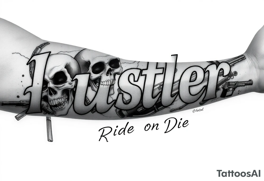 The word "hustler" with dead skulls Hispanic cholas drugs and guns with abstract shades and the name Candice in it with the phrase ride or die filling up a part tattoo idea