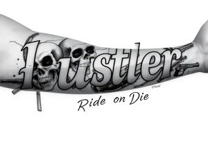 The word "hustler" with dead skulls Hispanic cholas drugs and guns with abstract shades and the name Candice in it with the phrase ride or die filling up a part tattoo idea