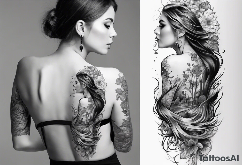 Spine tattoo of a woman trying to reach the surface tattoo idea