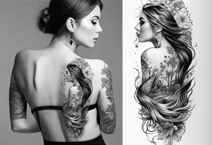 Spine tattoo of a woman trying to reach the surface tattoo idea