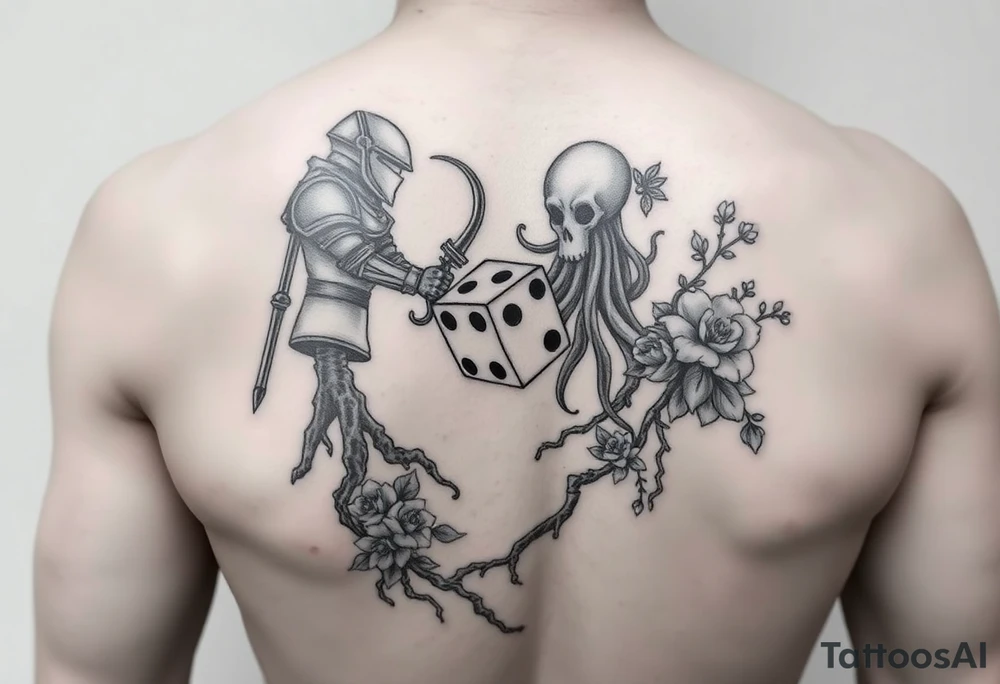 knight and squid combined with tree roots, cherry blossoms and roses rolling dice tattoo idea