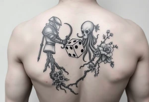 knight and squid combined with tree roots, cherry blossoms and roses rolling dice tattoo idea
