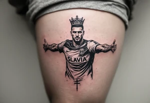 A stylized player tattoo, arms outstretched like a cross, in full Slavia gear with a crown above the crest. tattoo idea