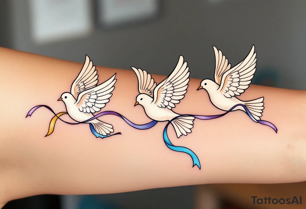 A trio of doves in flight, each carrying a different colored ribbon—soft gold, sky blue, and lavender, representing unity, trust, and new beginnings. tattoo idea