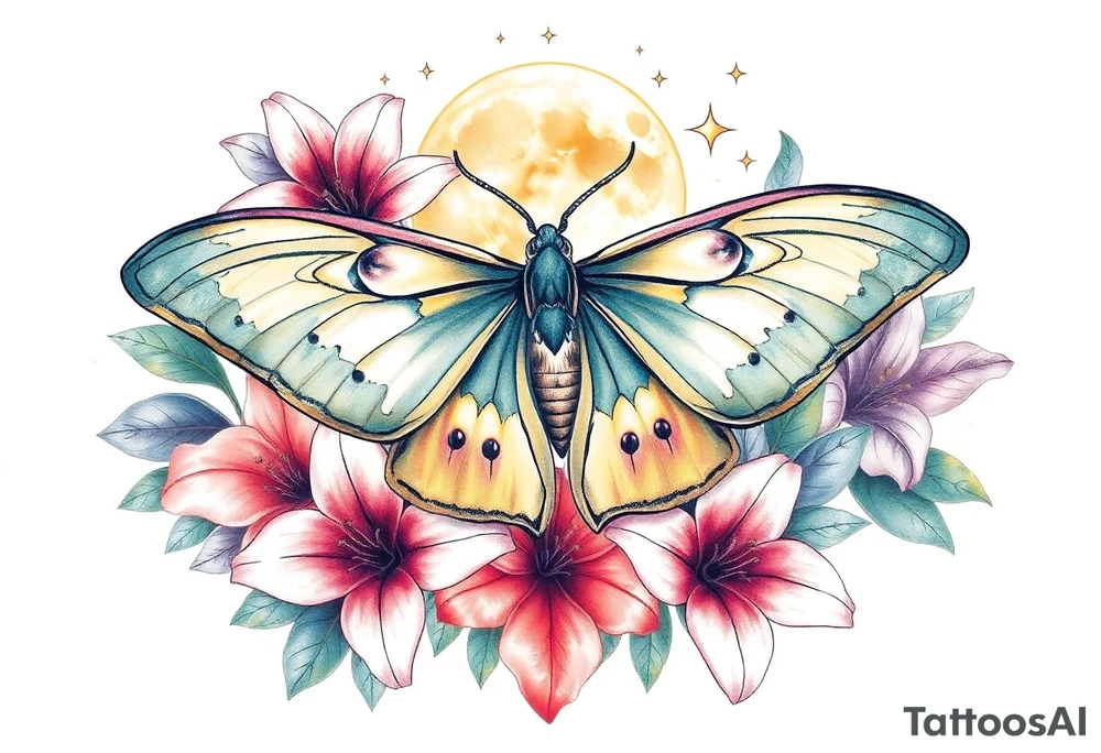 Beautiful Luna moth encompassed by lily flowers and stars tattoo idea