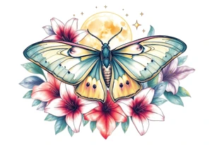 Beautiful Luna moth encompassed by lily flowers and stars tattoo idea