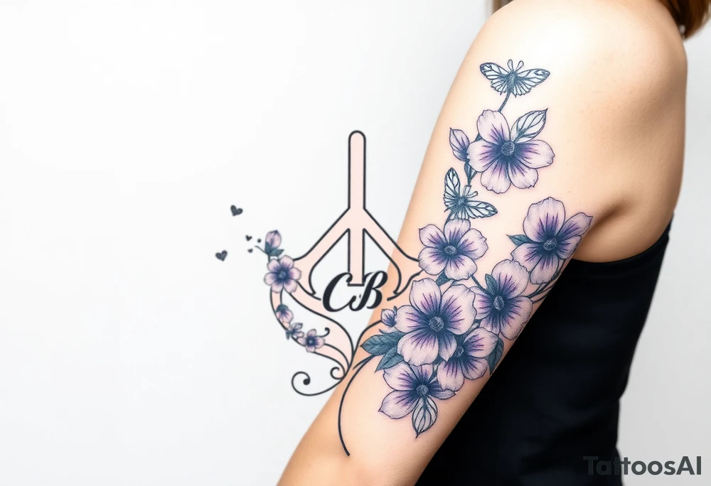 peace symbol, dog prints, Pisces symbol, intertwined with violets, amethyst, initials csb in cursive font all intertwined together tattoo idea