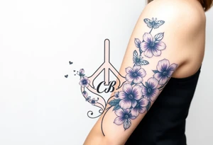 peace symbol, dog prints, Pisces symbol, intertwined with violets, amethyst, initials csb in cursive font all intertwined together tattoo idea