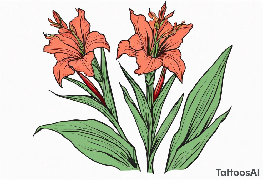 one single, thin, narrow gladiolus stalk. green leaves. coral-colored flowers with deep red centers. tattoo idea