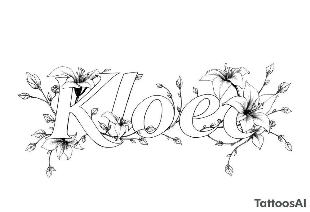 The word Kloee surrounded by big
lilies with the vines in letters tattoo idea