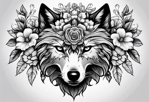 Wolf head half skull half real with flowers around tattoo idea