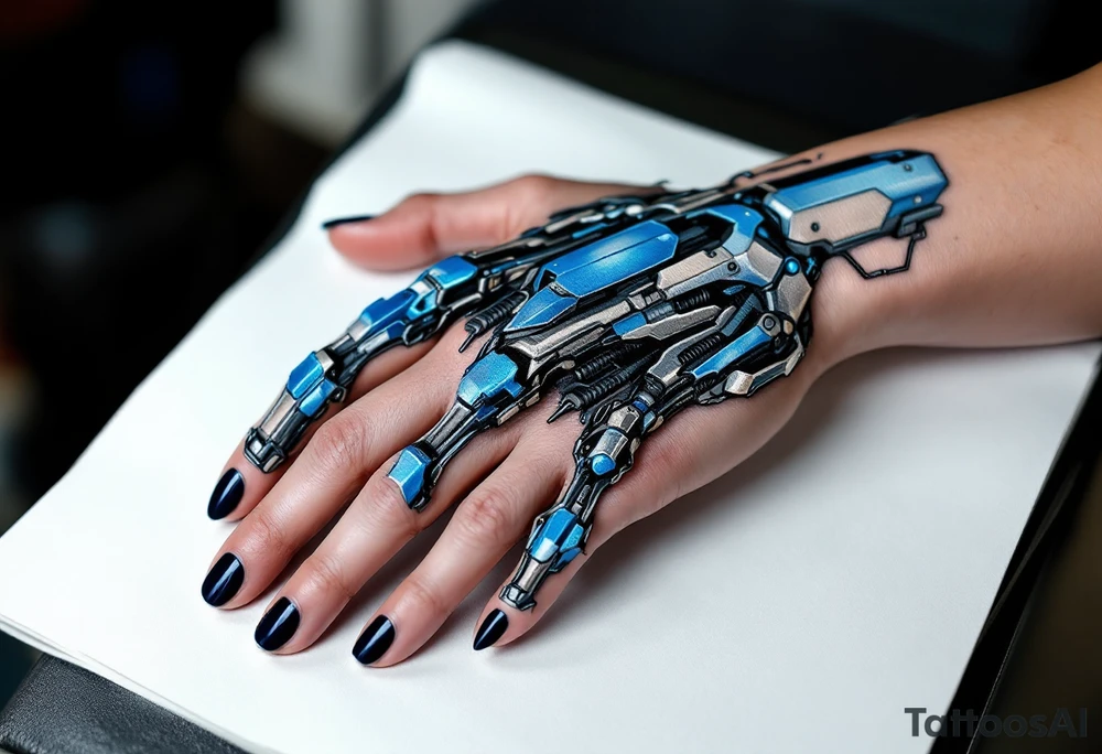 A blue and silver exoskeletal structure integrated with the hand’s contours, mimicking robotic dexterity. tattoo idea