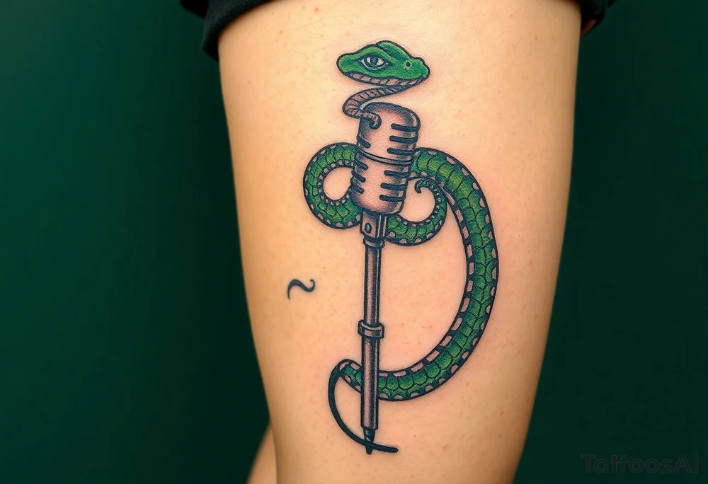 A serpent coiled around a microphone stand, with shades of green and black, representing temptation and rebellion tattoo idea