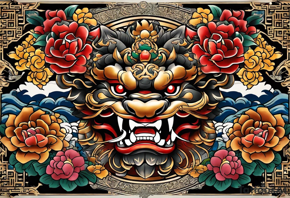 Double chest piece, done in Neo Japanese style of Okinawa shisa. On one side is the male with his mouth open, and the other side, the female with her mouth closed. tattoo idea