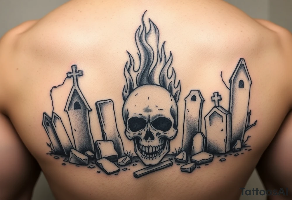 Graveyard scene with a skull engulfed in fiery flames, gothic style. tattoo idea