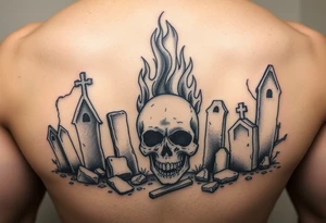 Graveyard scene with a skull engulfed in fiery flames, gothic style. tattoo idea