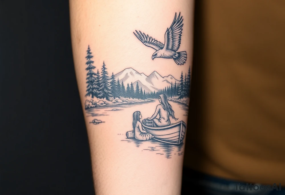 Northern river with evergreen along side river with a fishing boat with two with eagle flying in the sky and women and girl sitting on doc back facing tattoo idea