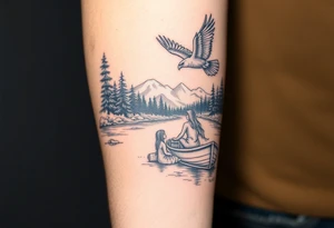 Northern river with evergreen along side river with a fishing boat with two with eagle flying in the sky and women and girl sitting on doc back facing tattoo idea