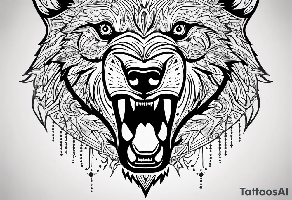 A tattoo designed for the knee, featuring the face of a feral bear with wild, exaggerated features, such as sharp fangs, intense eyes, and a snarling expression. The design incorporates large areas of white space for contrast, with beams of light or energy radiating outward from the beast’s eyes in a chaotic and powerful pattern. The overall look should be bold and primal, with flowing lines that adapt naturally to the curvature of the knee. tattoo idea