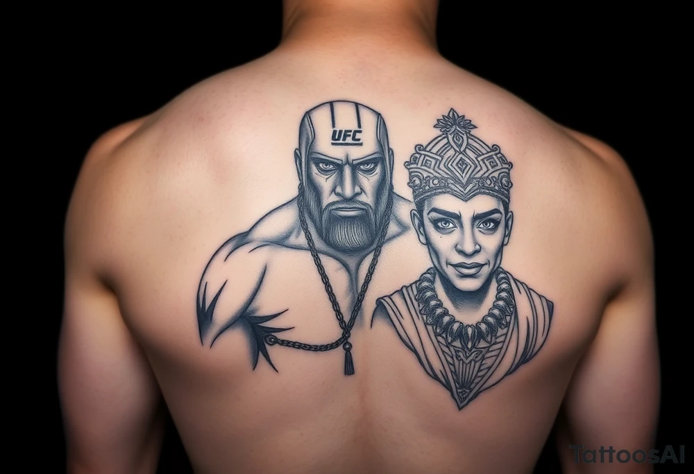 i need tatoo of merab(the machine) and ilia(el matador) ufc fighters
, i need machine as person form with papakha(headgear on first photo) and second person something related to el matador, black tattoo style tattoo idea