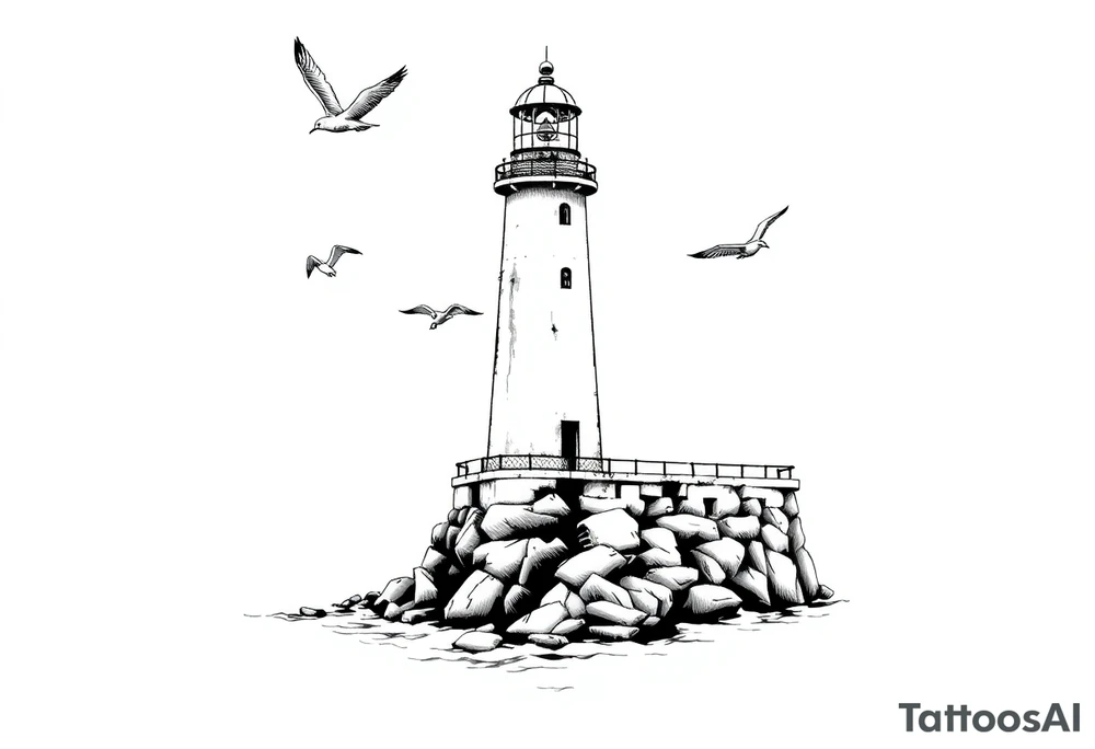 Lighthouse in the sea with jetty around flying seagulls tattoo idea