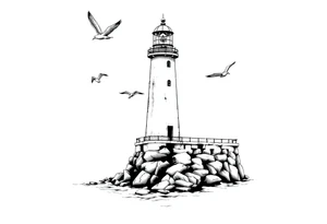 Lighthouse in the sea with jetty around flying seagulls tattoo idea
