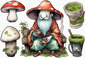 a kodama wearing a mushroom hat and a mossy beard and a medieval tunic drinking from a wood cup, sitting on a bench laughing tattoo idea