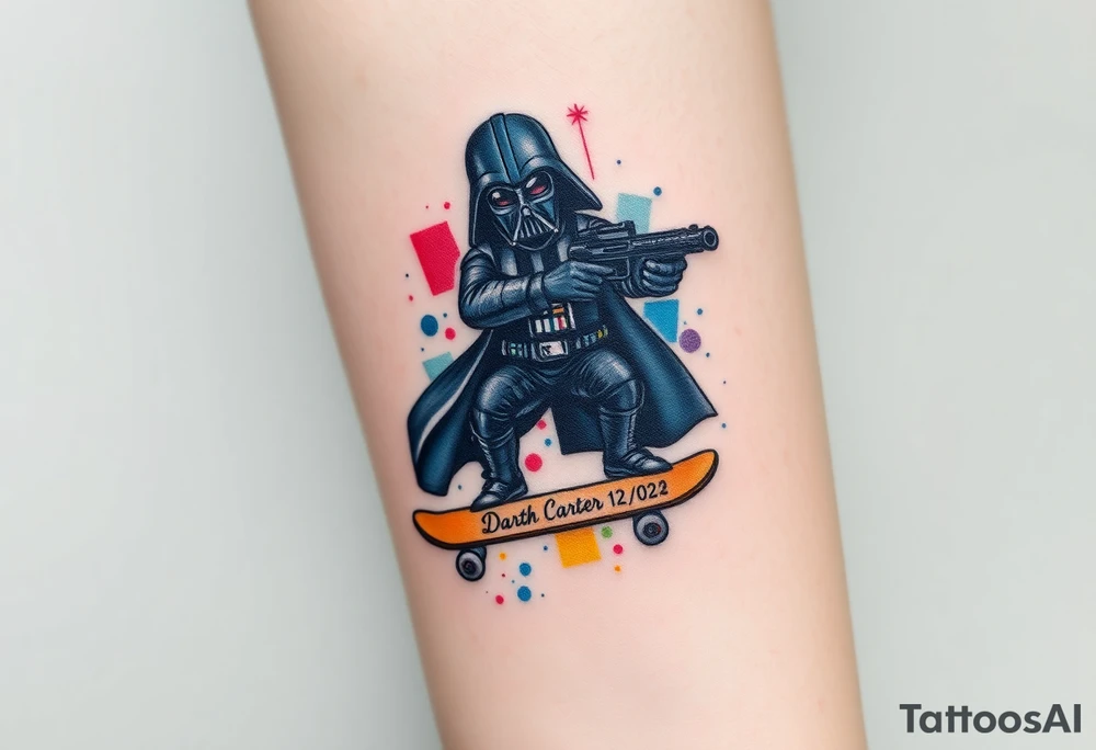 Darth Vader skateboarding with gun> bullets > memorial > god > colors > futuristic/space/star wars
add name "Darth Carter" on skateboard
add date 12/29/88-01/06/24 tattoo idea