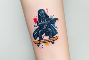 Darth Vader skateboarding with gun> bullets > memorial > god > colors > futuristic/space/star wars
add name "Darth Carter" on skateboard
add date 12/29/88-01/06/24 tattoo idea