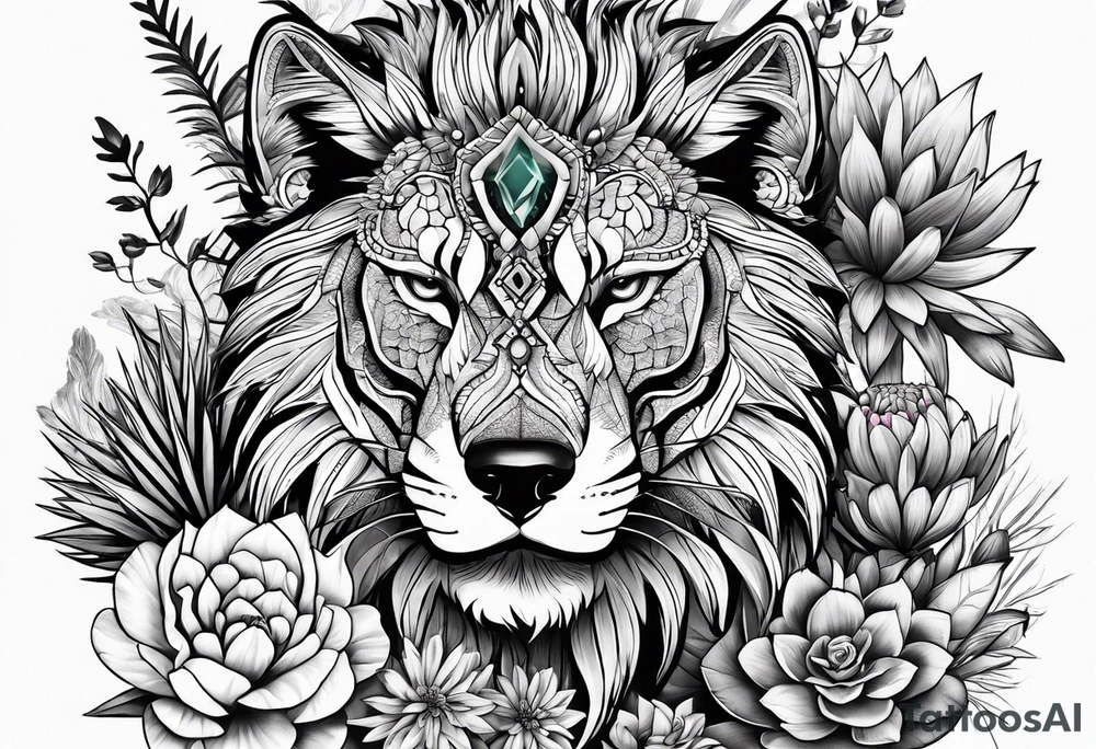 Lobo animal, cactos, flor tattoo idea