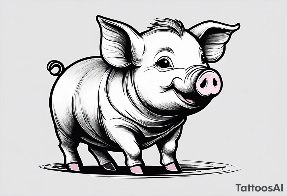 very cute chubby happy piglet.
outline only.
black and white only.
only show the piglet. no extra lines or decoration.
no black shading.
dont make the ears too big.
draw very thin lines tattoo idea