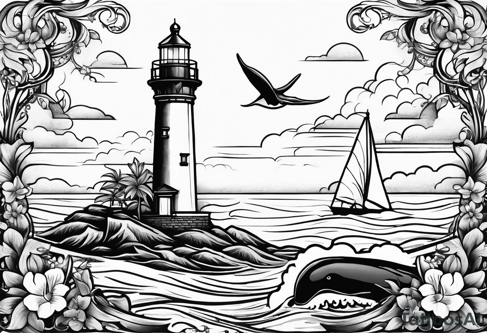 Lighthouse on a beach with a whale's tail sticking out of the water of the ocean with a border containing an anchor and orchids tattoo idea
