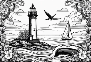 Lighthouse on a beach with a whale's tail sticking out of the water of the ocean with a border containing an anchor and orchids tattoo idea