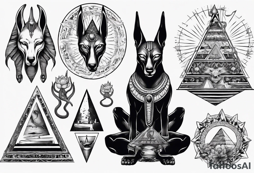 Anubis with snakes, skulls, lotus, and pyramids tattoo idea