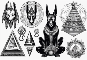 Anubis with snakes, skulls, lotus, and pyramids tattoo idea