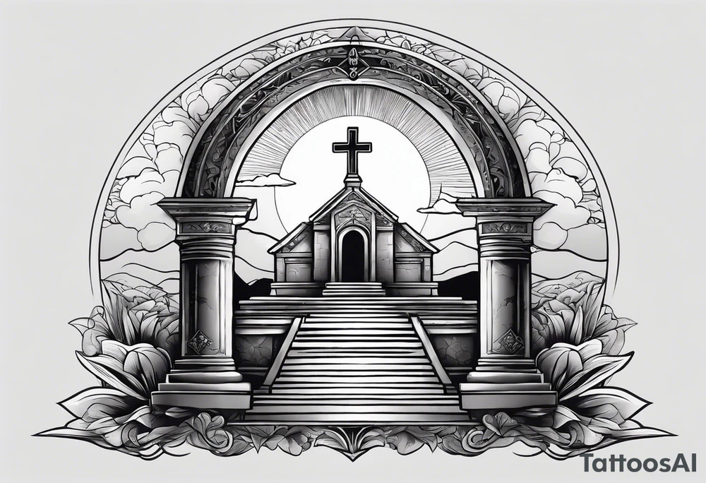 Tomb with cross and sun in the background tattoo idea