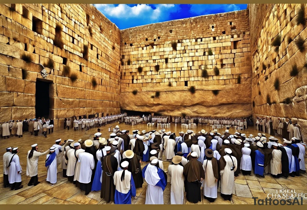 create a half-sleeve tattoo with the theme of israel, the israel flag,  with a soldier and Chasidic jew praying at the wailing wall, jets, with an outline of the country of israel creating a border around all images (some of the jets and tanks may break the border to give them a 3d look). Again, this is a half-seleeve tattoo without images bleeding onto the back or torso.  Shoulder to elbow tattoo. tattoo idea
