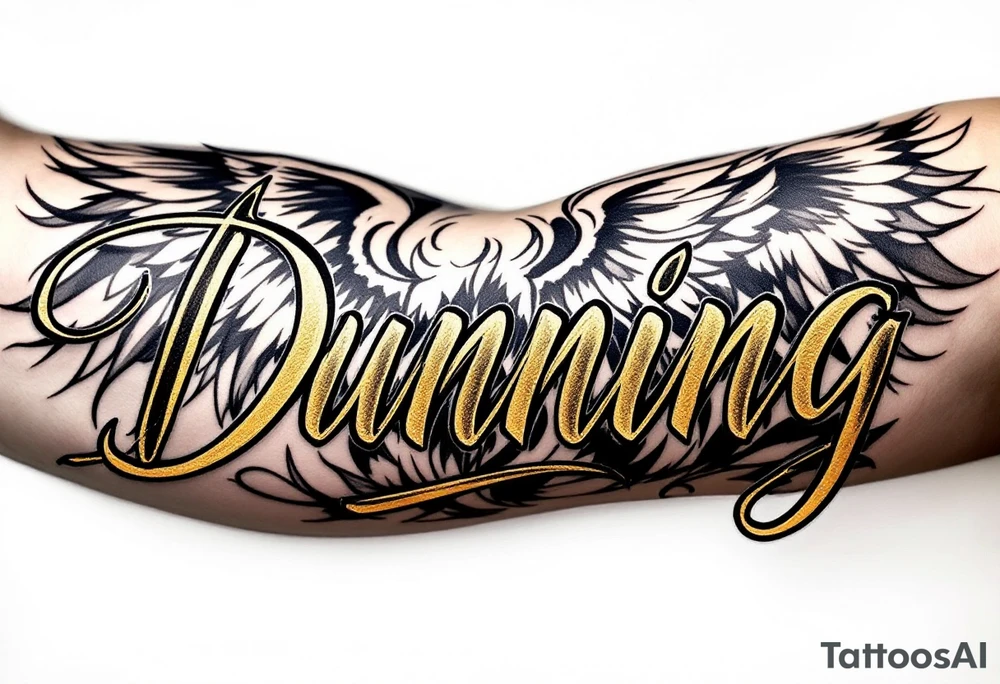 Dunning, left arm details include bold strong font, gold highlights, theme of wealth and angel wings, tattoo idea