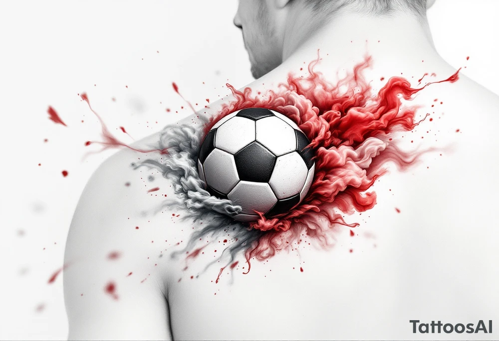 A realistic soccer ball emerging from a red and white smoke cloud shaped like the Slavia crest. tattoo idea