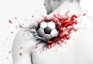 A realistic soccer ball emerging from a red and white smoke cloud shaped like the Slavia crest. tattoo idea