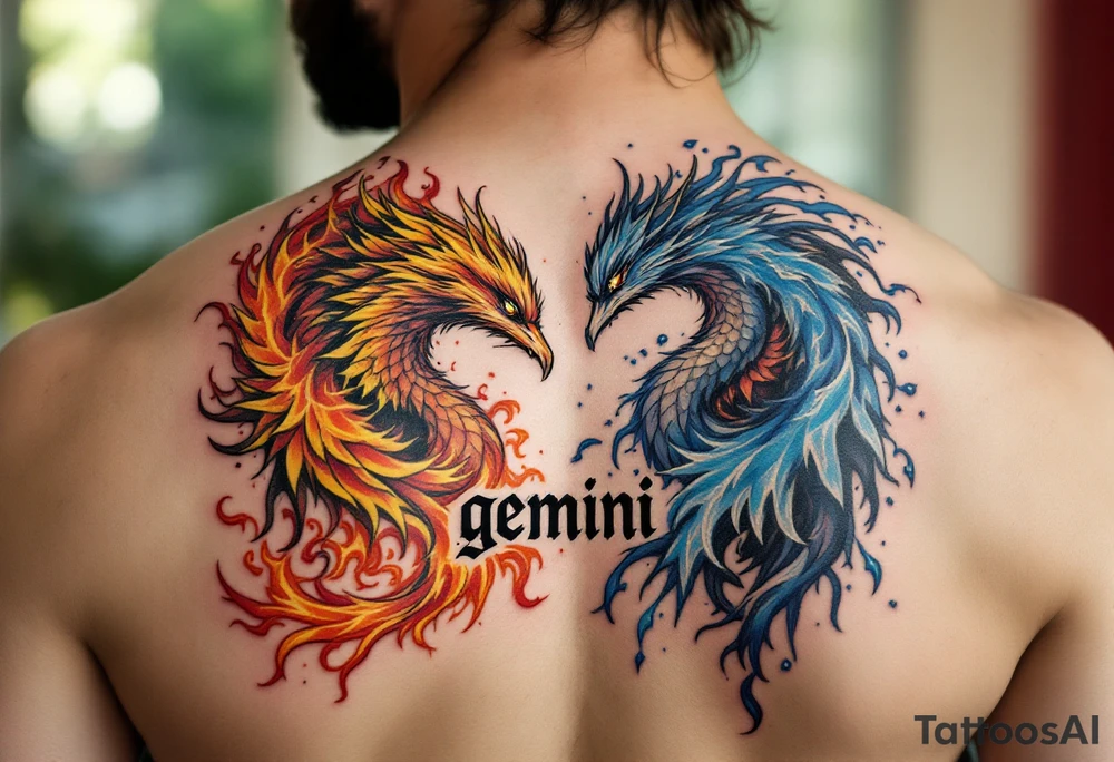 A pair of twin phoenixes, one rising from golden flames and the other from icy mist, with word "gemini" tattoo idea