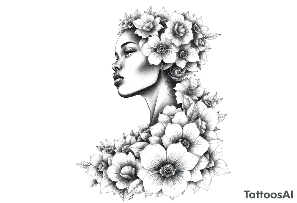 Elaborate drawing of a black woman made up of flowers and clouds. tattoo idea