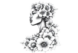 Elaborate drawing of a black woman made up of flowers and clouds. tattoo idea