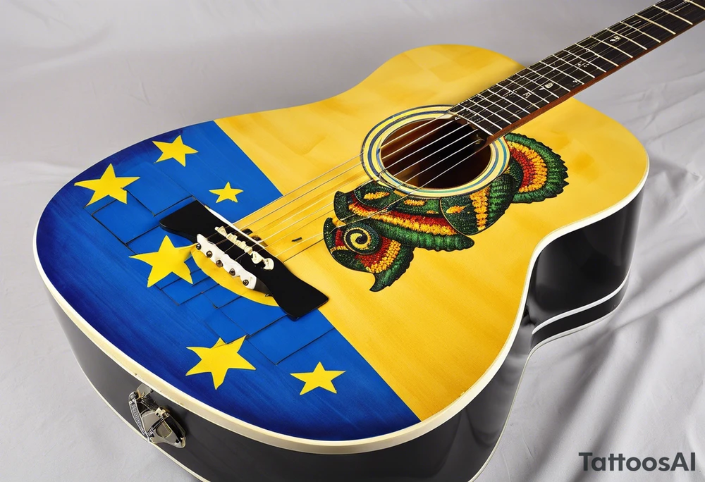 acoustic guitar with cut diagonally with one side with the flag of curacao, the other with some raggae colors. on the outside of the guitar, the side with the curacao flag to adorned with some becah or sea creature theme, like a sea turtle. The side with the raggae to have some music notes flowing out tattoo idea