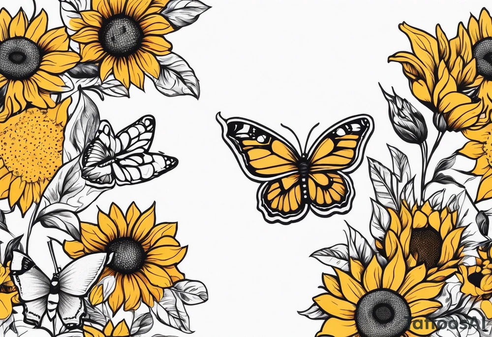 Arm sleeve with sunflowers and butterflies tattoo idea