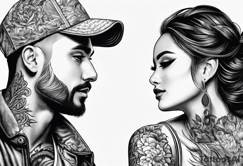 man and woman looking at each other with love tattoo idea