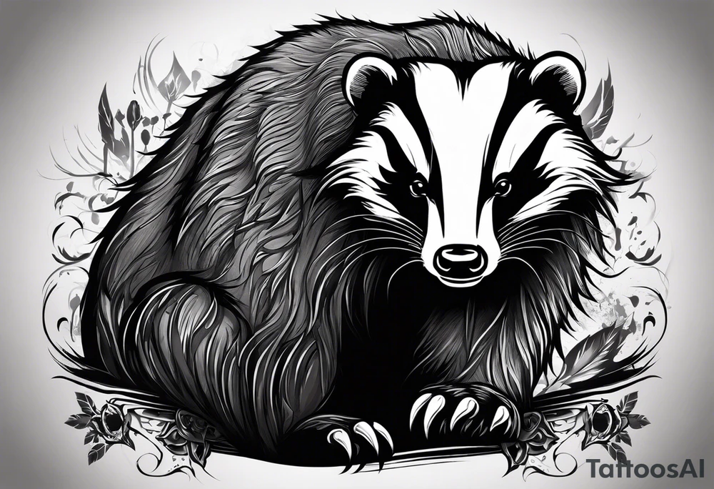 Draw me hunting badger with aggressive full body, killer face with a smile, very long nails and he attacks like a bloody gladiator to enemy and also, he has very deadly looking. The only weapon is his braveness he fights with his nails. Everybody scares after their first sight. And horror type Badger this is with a full body. tattoo idea