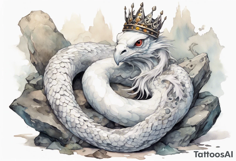 a white bird-serpent hybrid, wearing a pewter crown on its head, resting on a large stone tattoo idea